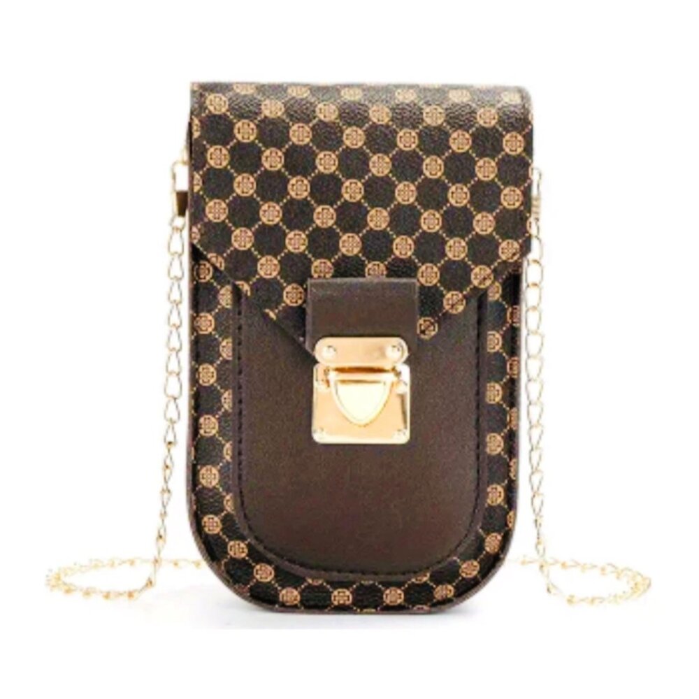 Stylish Brown Patterned faux Leather Mini Crossbody Phone Bag With Gold Chain St